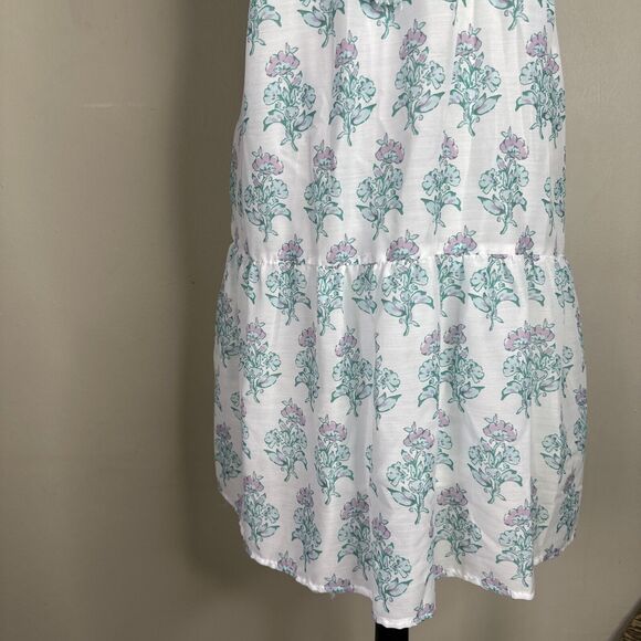 J Marie CECILIA RUFFLE SLEEVE DRESS Sz Large Tiered White Teal Floral Print - Picture 5 of 11